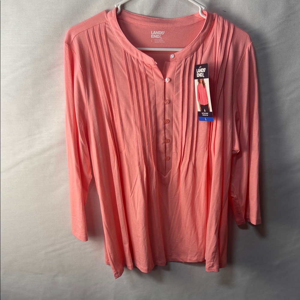 Lands' End Women's Coral Pink Pintuck Henley Long Sleeve Top